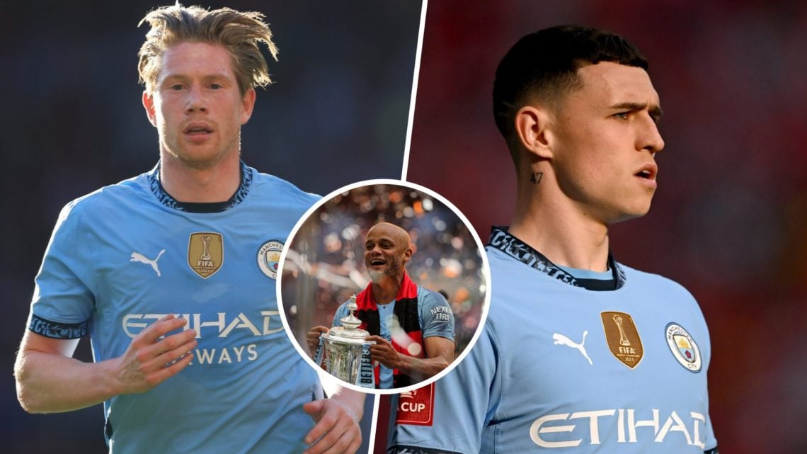 Split Image - Close up of Kevin De Bruyne running (left) Phil Foden standing still with his mouth open (right) nnset of Vincent Kompany with the FA...