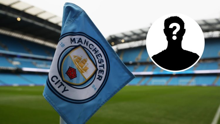 Man City corner flag at the Etihad Stadium (main image) mystery player inset (top right corner)
