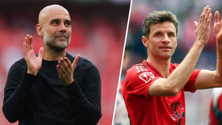 Split image - Pep Guardiola clapping his hands (left) Thomas Muller in a Bayern Munich jersey clapping (right)
