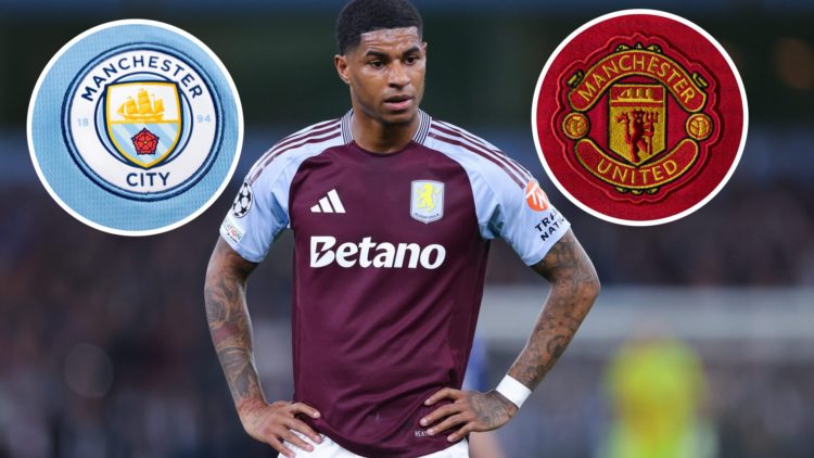 Image of Marcus Rashford with Manchester City badge and Manchester United badge insets