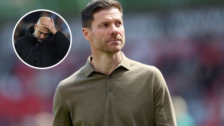 Close up of Xabi Alonso looking to his left (main image) inset of Pep Guardiola with his hand on his head (top left)