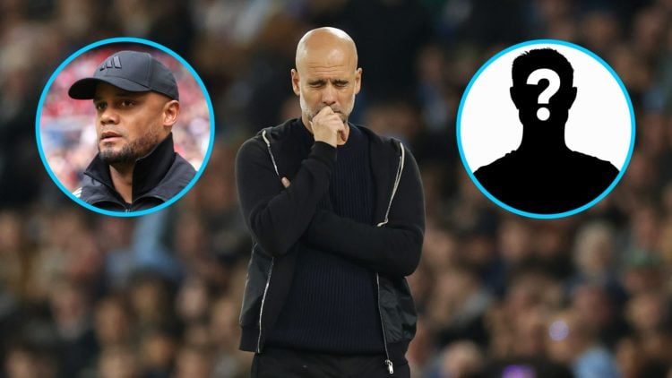 Manchester City manager Pep Guardiola winces (middle), Bayern Munich head coach Vincent Kompany (left), mystery player (right)