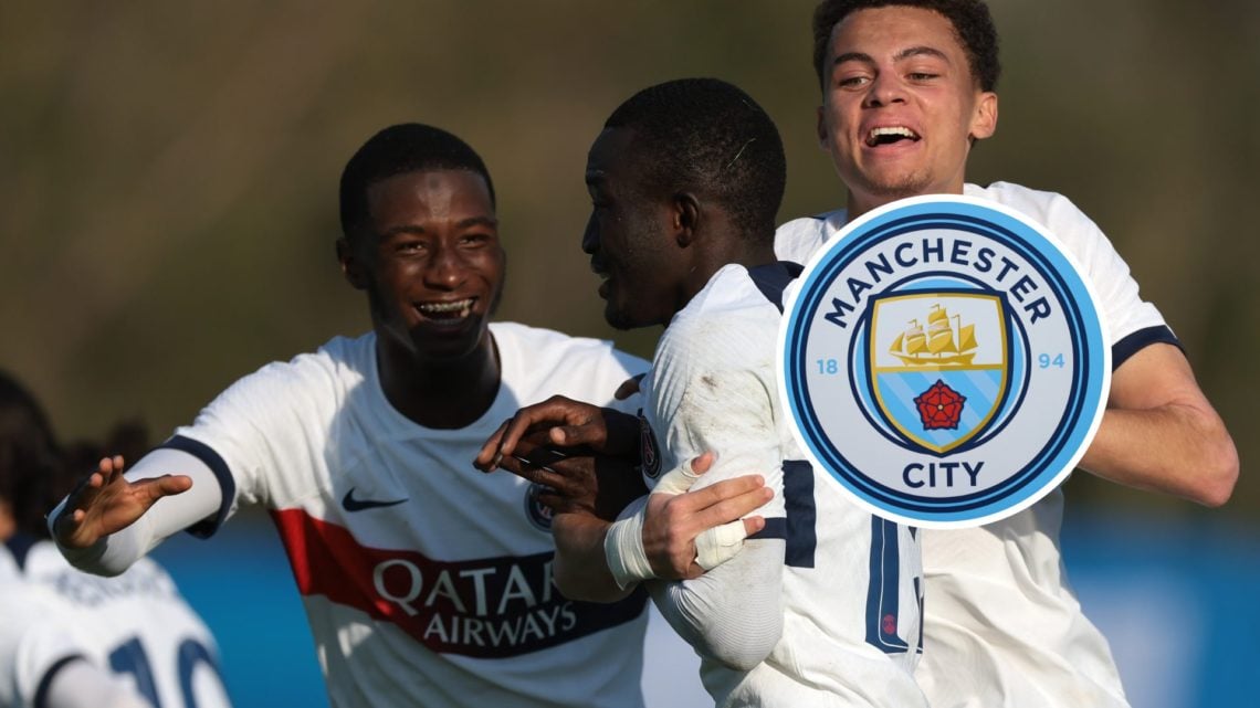Mahamadou Sangare and teammates with inset of Manchester City badge