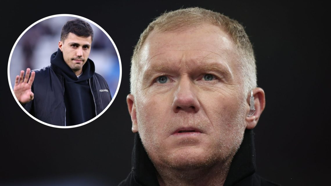 Split Image - Inset of Man City's Rodri waving (top left) close up of Paul Scholes' face while doing punditry work (right)