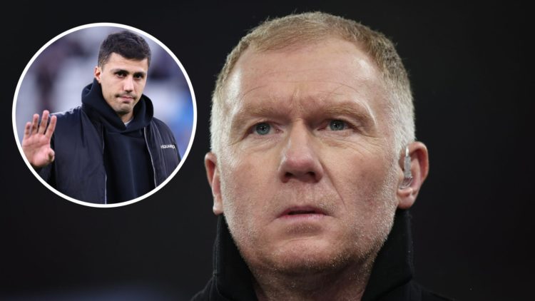Split Image - Inset of Man City's Rodri waving (top left) close up of Paul Scholes' face while doing punditry work (right)