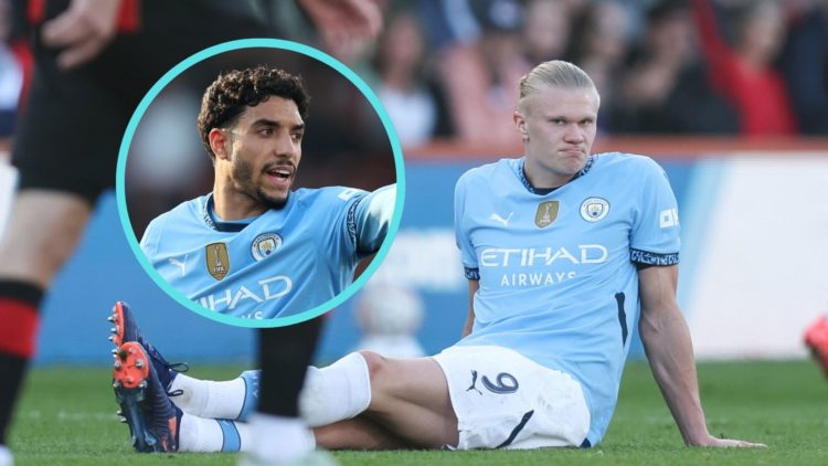 Erling Haaland sat on the floor injured. Inset: Omar Marmoush.