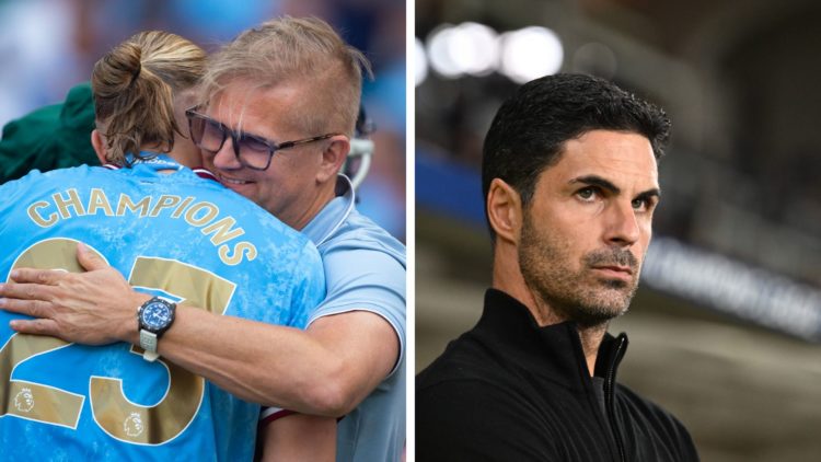 Split Image of Erling Haaland of Manchester City embraces his father Alfie Haaland and Arsenal Manager Mikel Arteta