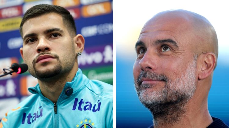 Split Image of Bruno Guimaraes of Brazil and Pep Guardiola, Manager of Manchester City