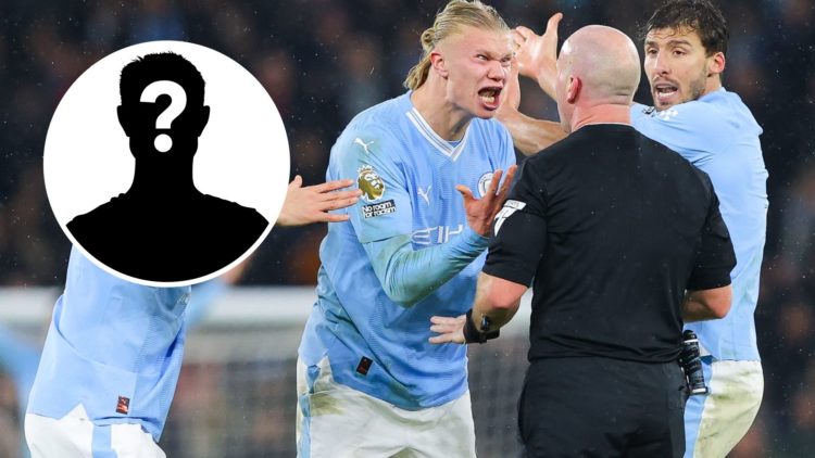 Referee Simon Hooper is surrounded by Erling Haaland with inset of mystery player
