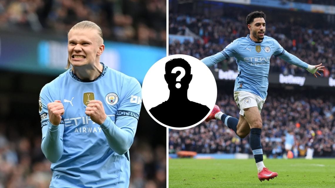 Split Image of Erling Haaland and Omar Marmoush of Manchester City celebrating with inset of mystery player