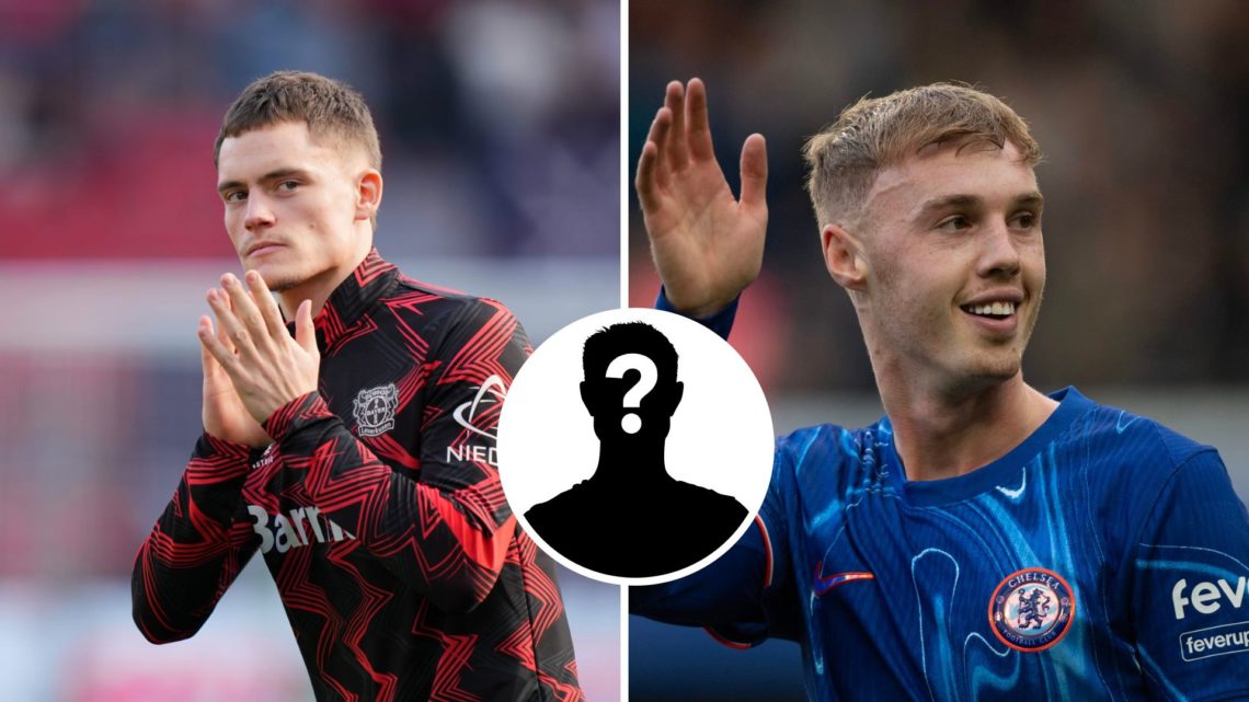 Split Image of Florian Wirtz of Bayer 04 Leverkusen and Cole Palmer of Chelsea with inset of mystery player