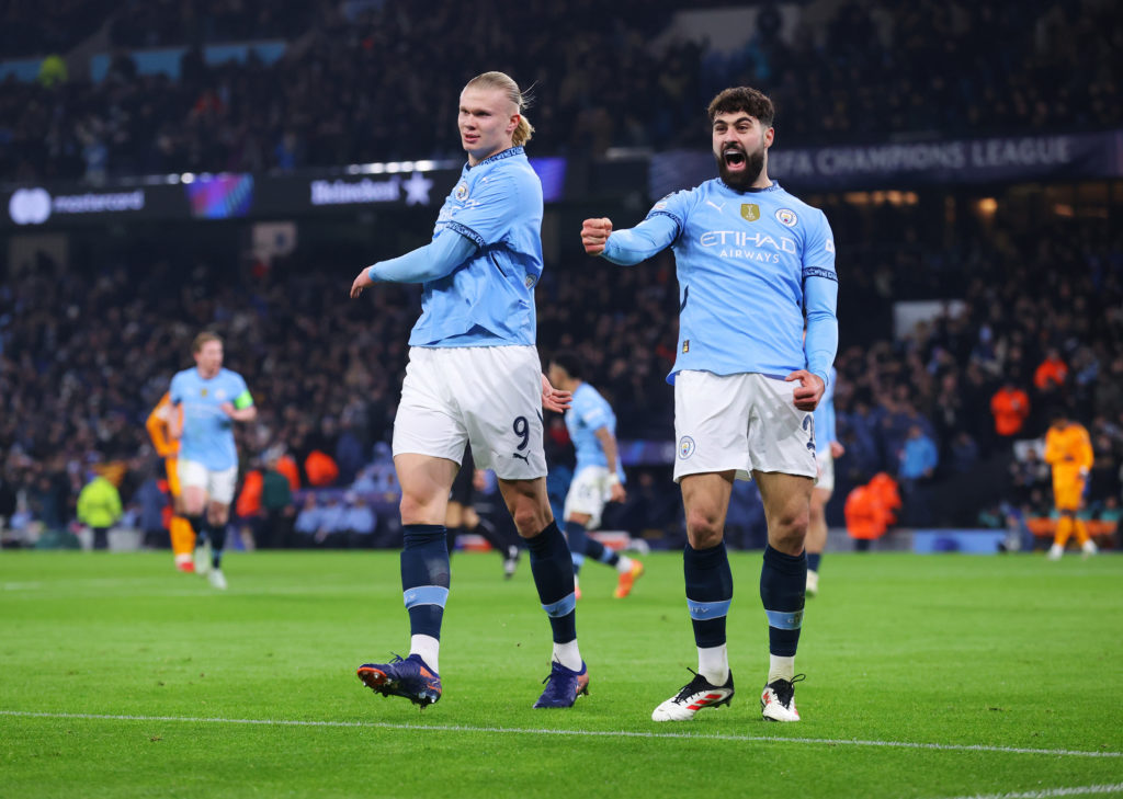 An emphatic Erling Haaland is accompanied by Josko Gvardiol after Manchester City's goal against Real Madrid