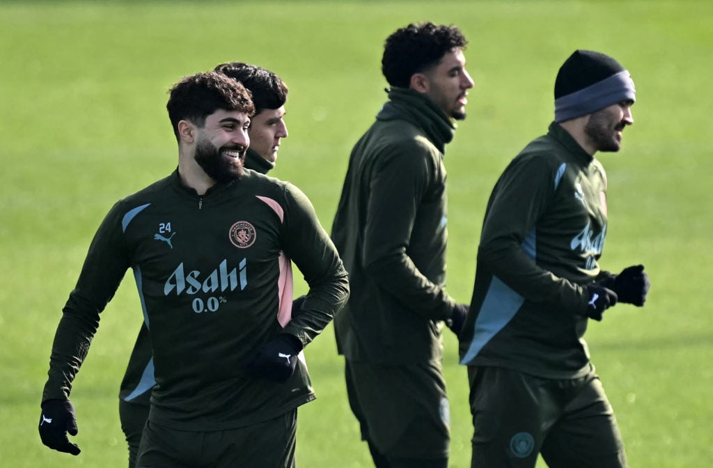 Manchester City quartet Josko Gvardiol, Abdukodir Khusanov, Omar Marmoush and Ilkay Gundogan take part in a training session at Manchester City's training ground