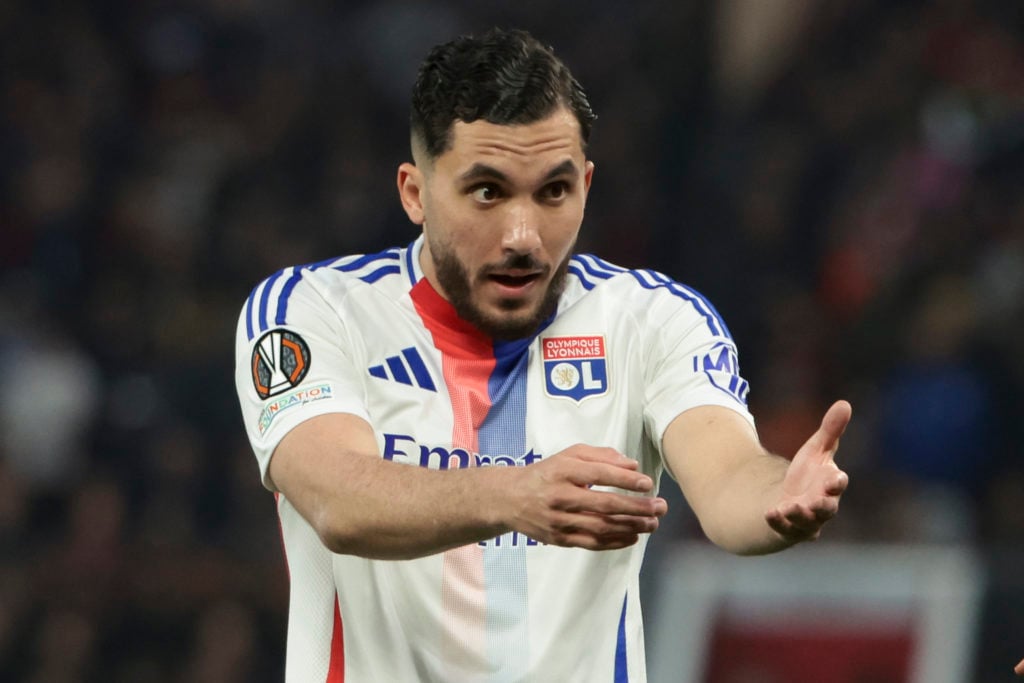 Rayan Cherki playing for Lyon against Manchester United in the UEFA Europa League.