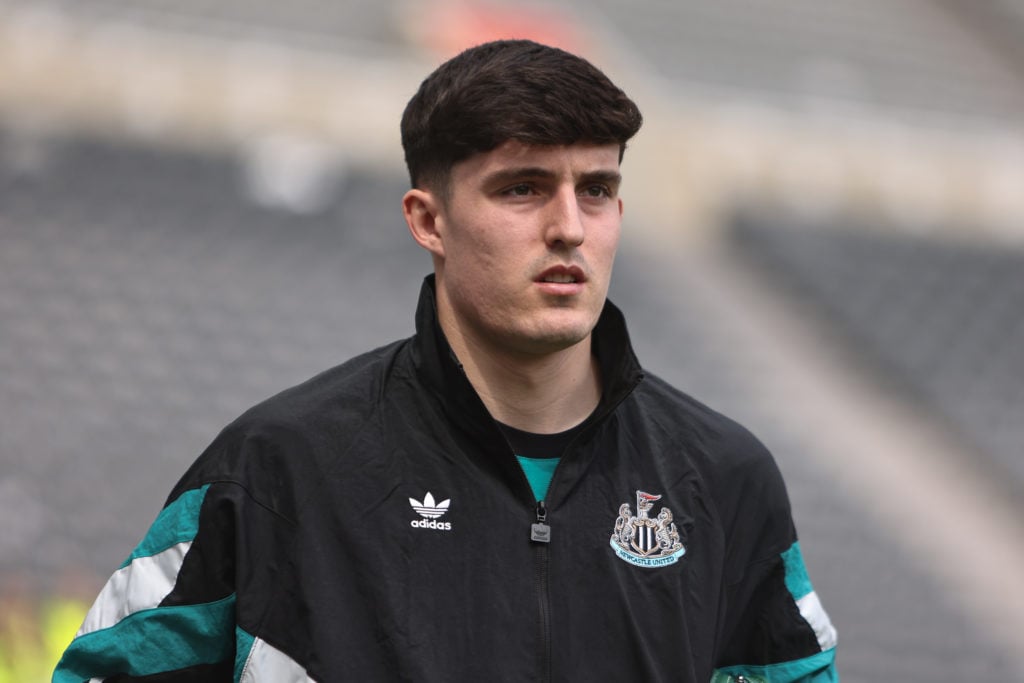 Tino Livramento looking on ahead of Newcastle United FC vs Ipswich Town.