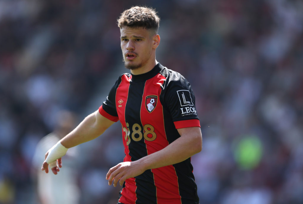Milos Kerkez in action for AFC Bournemouth v Manchester United