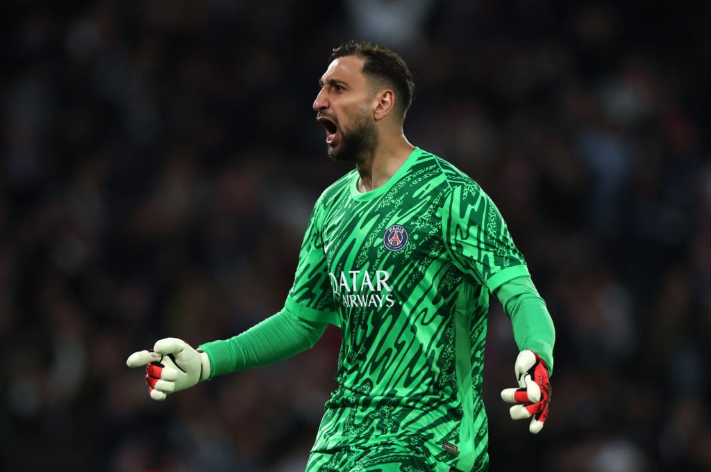 Gianluigi Donnarumma of Paris Saint-Germain celebrates after team mate Desire Doue (not pictured) scores his team's first goal during the UEFA Champions League 2024/25 Semi Final Second Leg match between Paris Saint-Germain and Arsenal FC at Parc des Princes on May 07, 2025.