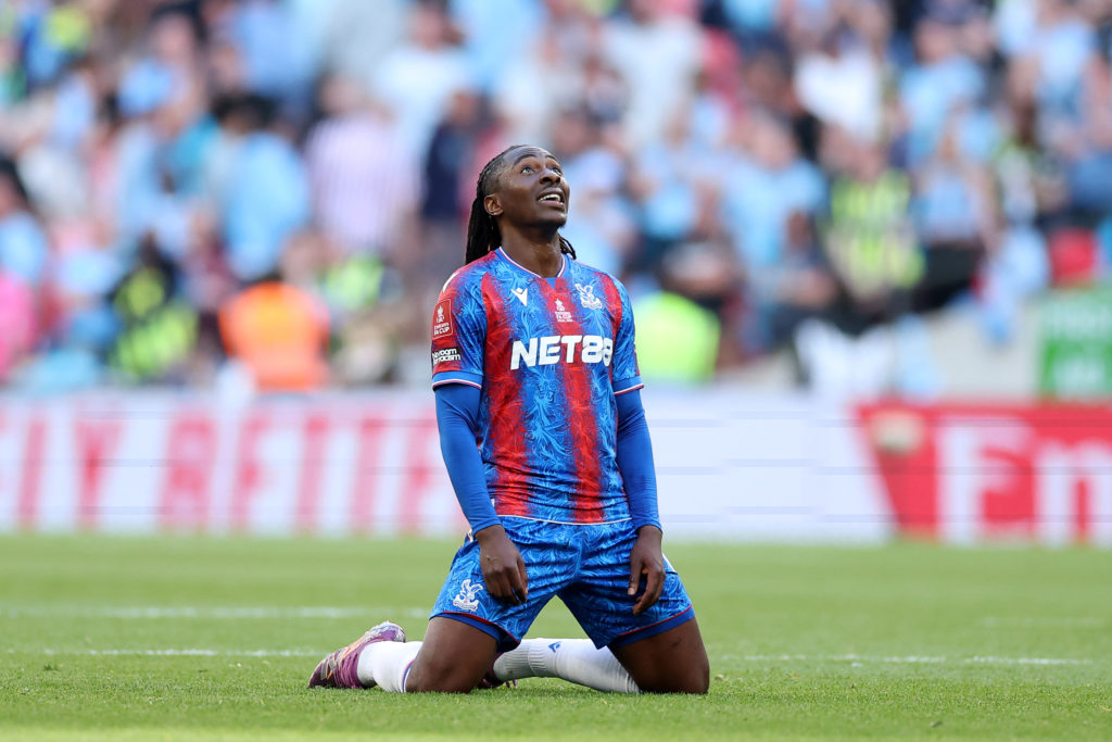 Eberechi Eze on his knees after Crystal Palace defeated Manchester City in the FA Cup Final.