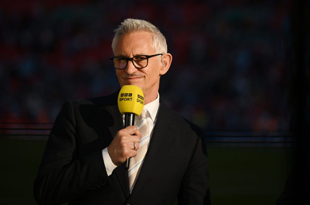 Gary Lineker with a BBC microphone during Crystal Palace v Manchester City