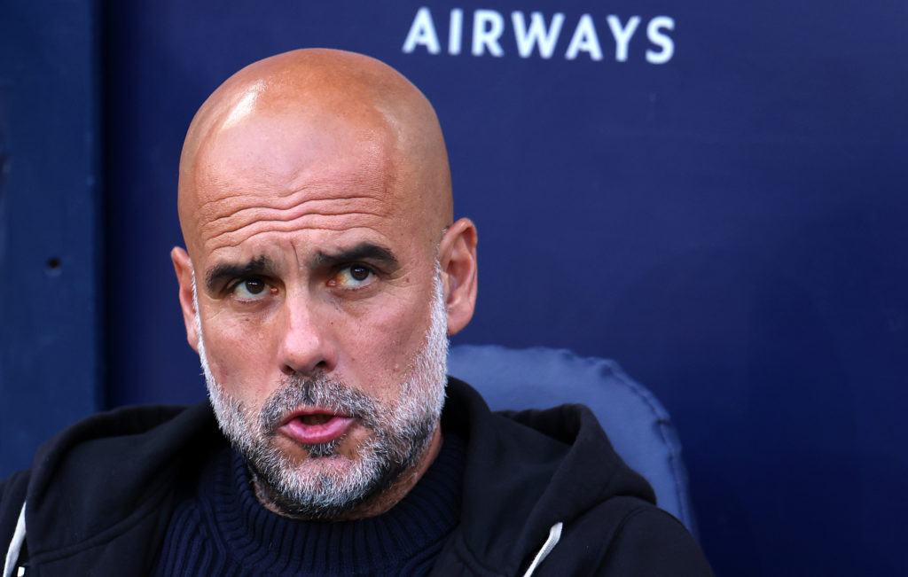 Pep Guardiola looking on during Manchester City vs Bournemouth