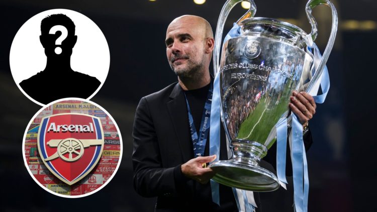 Pep Guardiola, head coach of Manchester City FC and insets of Detailed view of the Arsenal badge and mystery player