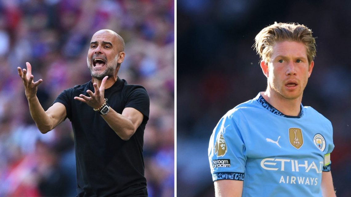 Split Image of Pep Guardiola, Manager of Manchester City and Kevin De Bruyne