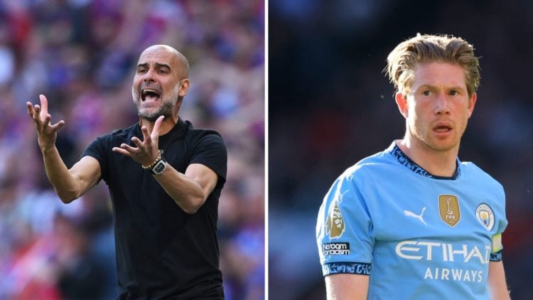 Split Image of Pep Guardiola, Manager of Manchester City and Kevin De Bruyne