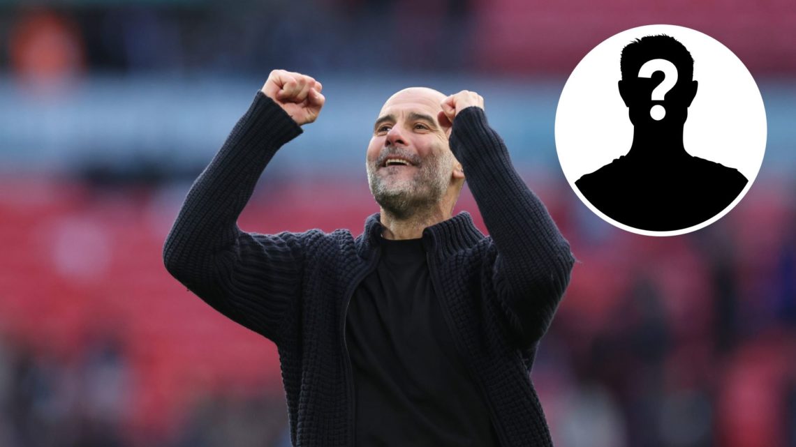 Pep Guardiola celebrating during the FA Cup semi-final match between Manchester City and Chelsea with inset of mystery player
