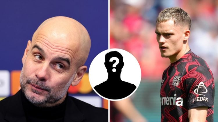 Split Image of Manchester City manager Pep Guardiola is interviewed and Florian Wirtz of Bayer 04 Leverkusen with inset of mystery player