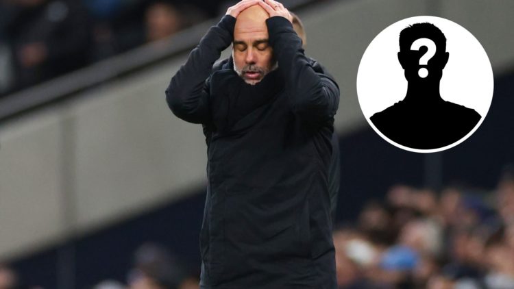 Pep Guardiola manager of Manchester City during the Premier League with inset of mystery player