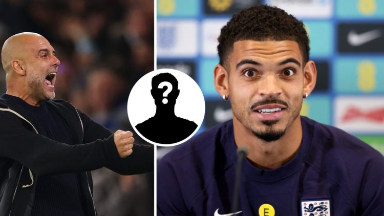 Split Image of Pep Guardiola, Manager of Manchester City and Morgan Gibbs-White of England with inset of mystery player