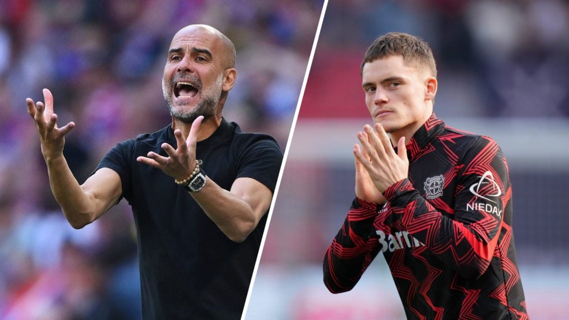 Split Image of Pep Guardiola during the FA Cup Final against Crystal Palace and Florian Wirtz prior to Bayer Leverkusen's match against SV Werder B...