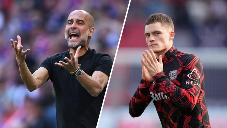 Split Image of Pep Guardiola during the FA Cup Final against Crystal Palace and Florian Wirtz prior to Bayer Leverkusen's match against SV Werder B...