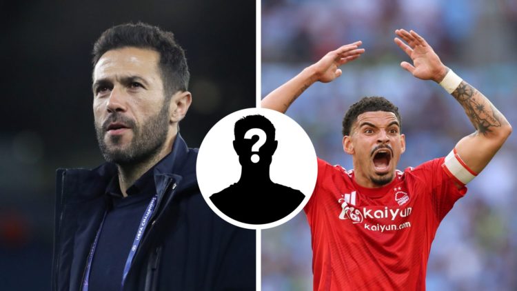 Split Image of Hugo Viana, Director of Football and Morgan Gibbs-White of Nottingham Forest with inset of mystery player