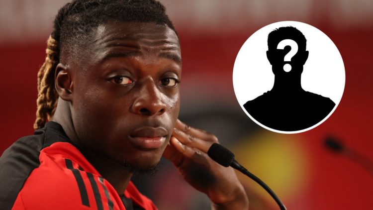 Jeremy Doku attends a press conference with inset of mystery player