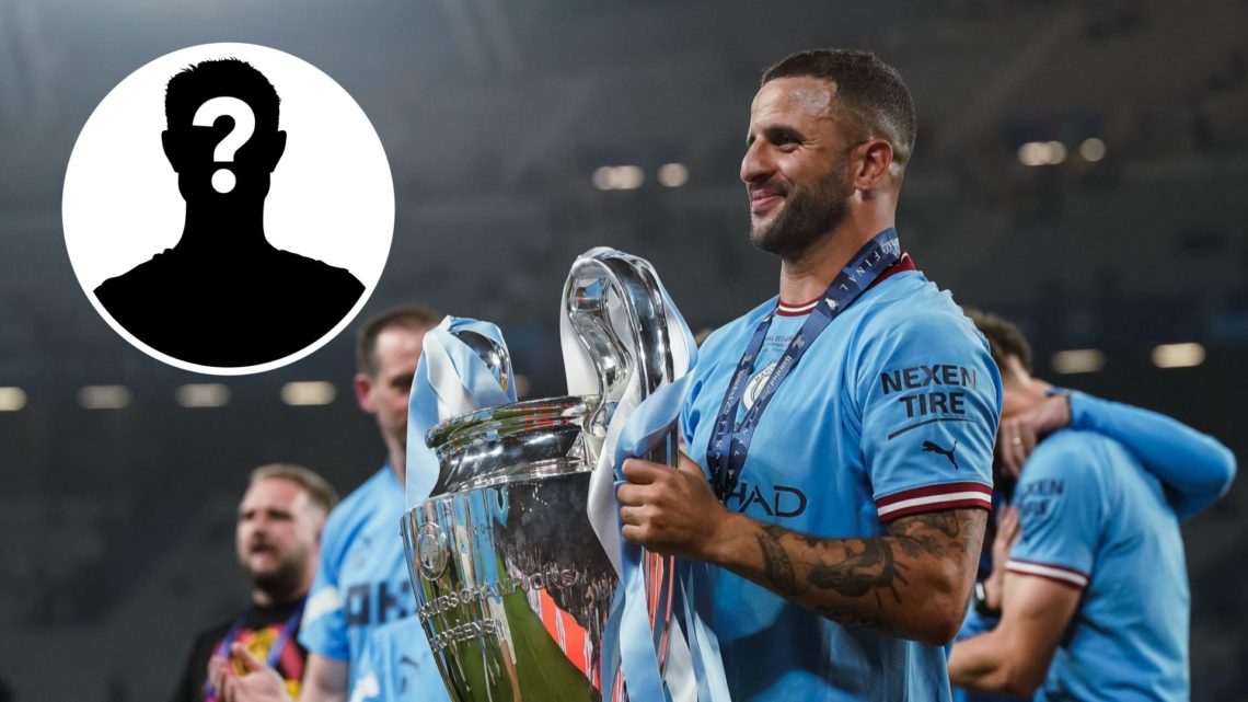 Kyle Walker holds the UEFA Champions League trophy between Manchester City and Inter Milan with inset of mystery player