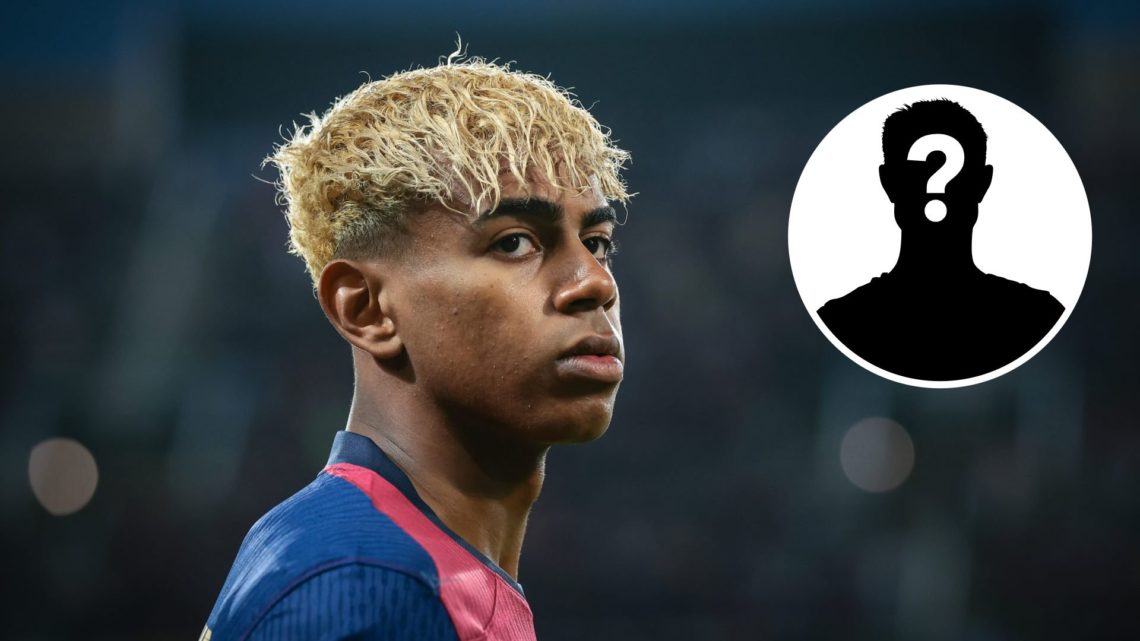 Lamine Yamal of FC Barcelona with inset of The club badge of Manchester City