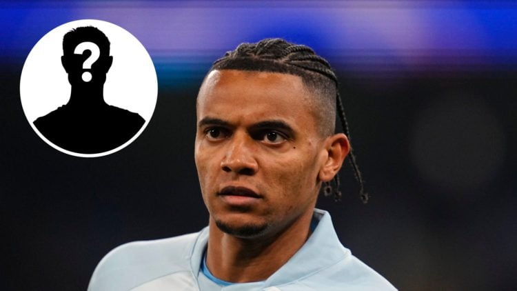 Image of Manuel Akanji of Manchester City looking on prior against Copenhagen FC with inset of mystery player