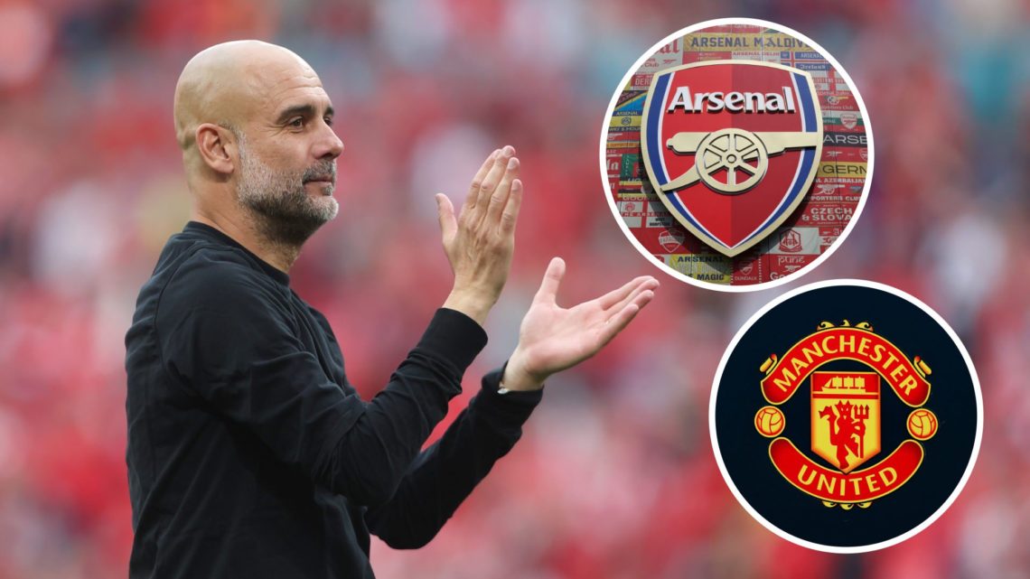 Manchester City manager Pep Guardiola with insets of the Arsenal and Manchester United badges