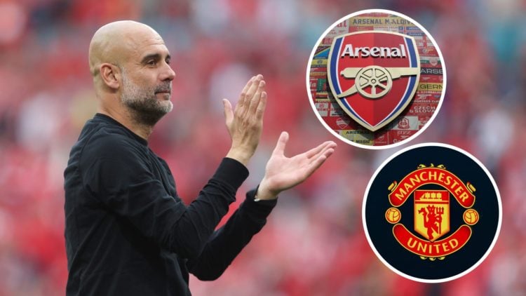 Manchester City manager Pep Guardiola with insets of the Arsenal and Manchester United badges