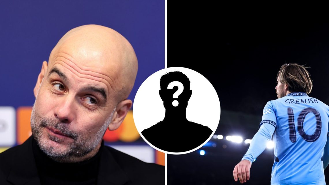 Split Image of Pep Guardiola and Jack Grealish of Manchester City with inset of mystery player