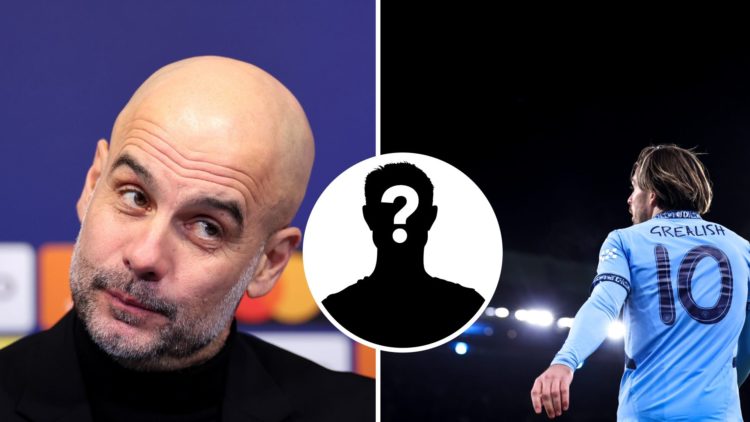 Split Image of Pep Guardiola and Jack Grealish of Manchester City with inset of mystery player