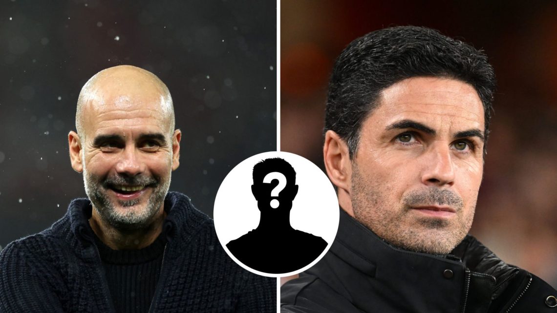 Split Image of Pep Guardiola, Manager of Manchester City and Mikel Arteta, Manager of Arsenal with inset of mystery player