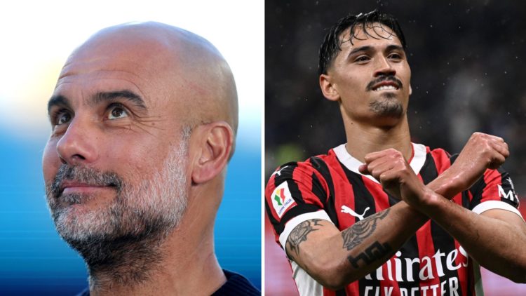Split Image of Pep Guardiola looking on during Manchester City against Wolverhampton Wanderers and Tijjani Reijnders of AC Milan celebrating