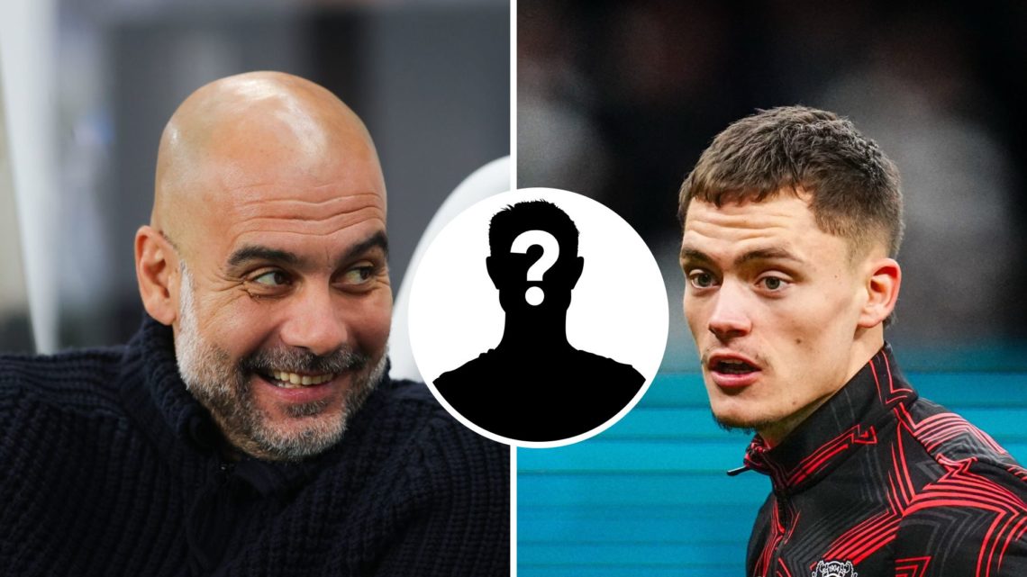 Split Image of Josep 'Pep' Guardiola, manager of Manchester City and Florian Wirtz of Bayer 04 Leverkusen with inset of mystery player