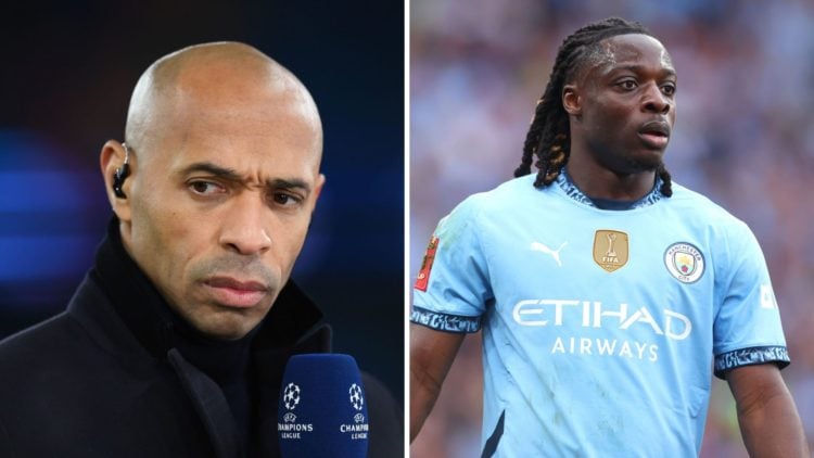 Split Image of CBS Presenter, Thierry Henry looks on to the UEFA Champions League and Jeremy Doku of Manchester City in action