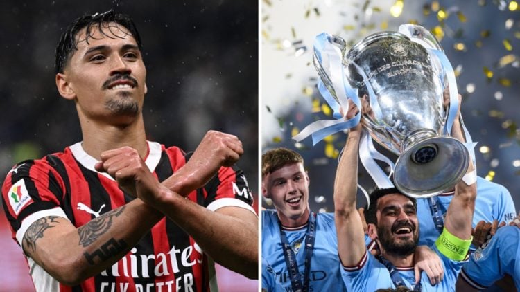 Split Image of Tijjani Reijnders of Milan and Ilkay Gundogan (C) of Manchester City FC