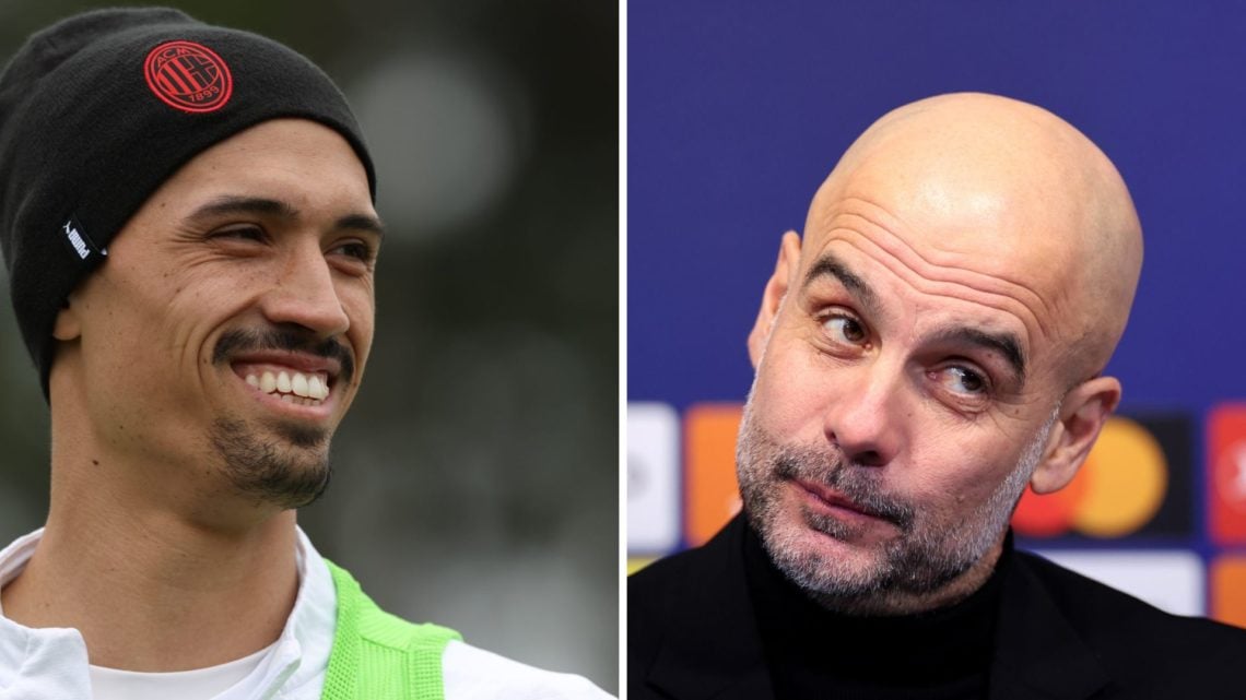 Split Image of Tijjani Reijnders of AC Milan and Manchester City manager Pep Guardiola