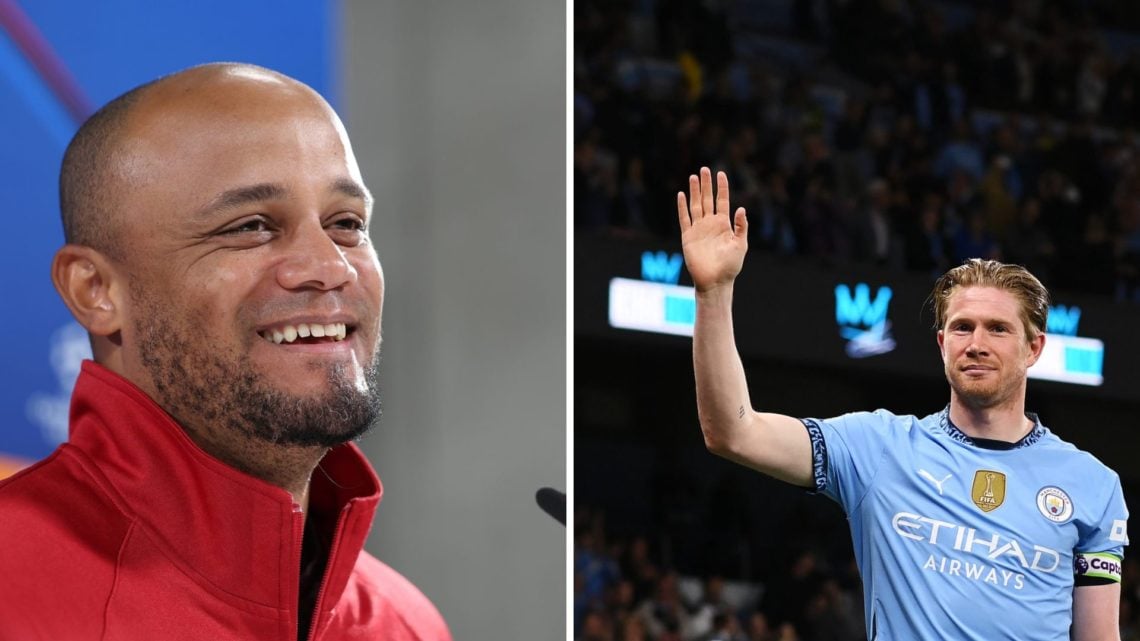 Split Image of Vincent Kompany, head coach of FC Bayern München and Kevin De Bruyne waves to supporters