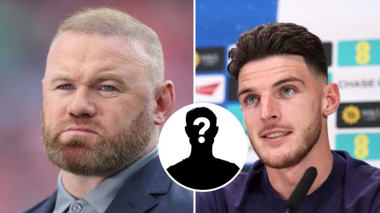 Split Image of Former England player Wayne Rooney and Declan Rice of England talks to the media with inset of mystery player
